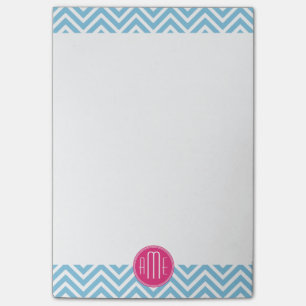 Magenta Pink Monogram with Light Blue Chevron Post-it Notes