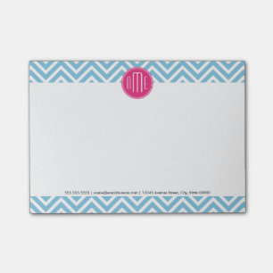 Magenta Pink Monogram with Light Blue Chevron Post-it Notes