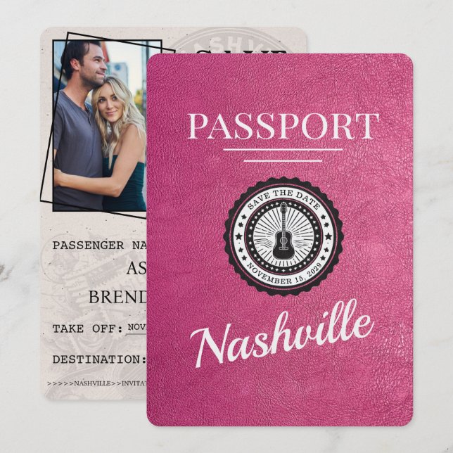 Magenta Pink Nashville Passport Save The Date (Front/Back)