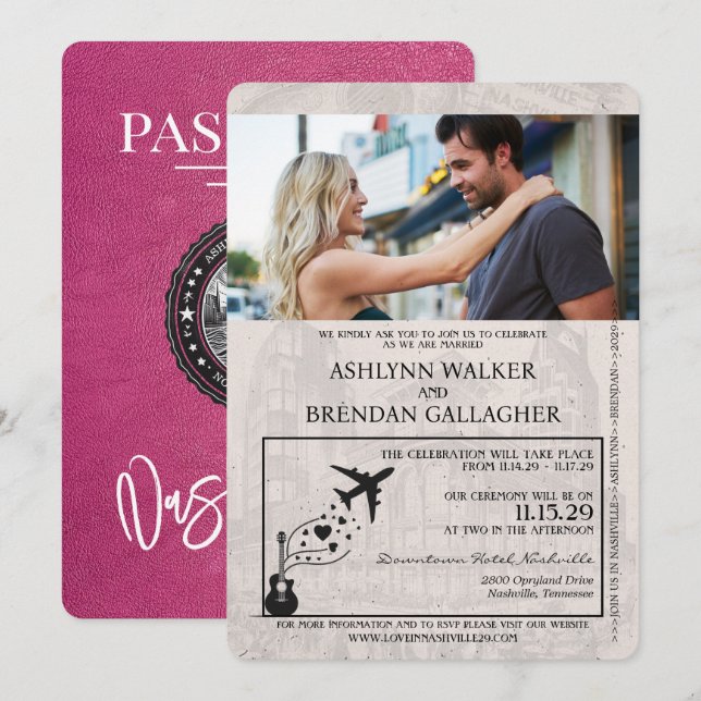 Magenta Pink Nashville Passport Wedding Invitation (Front/Back)
