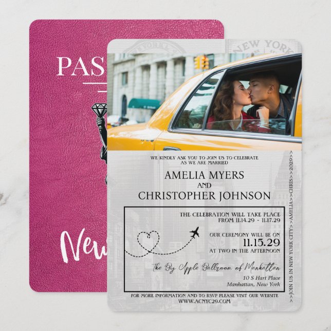 Magenta Pink New York City Passport Wedding Invitation (Front/Back)