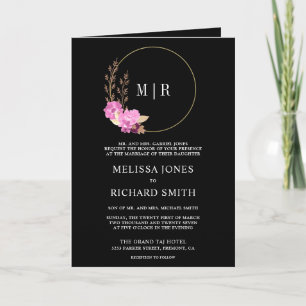 Magenta Pink Orchid Floral QR Code Black Wedding Invitation