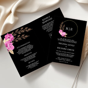Magenta Pink Orchid Floral QR Code Black Wedding Invitation