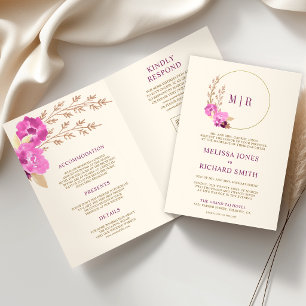 Magenta Pink Orchid Floral QR Code Ivory Wedding Invitation