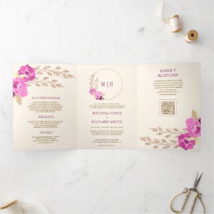 Magenta Pink Orchid Floral QR Code Ivory Wedding Tri-Fold Invitation