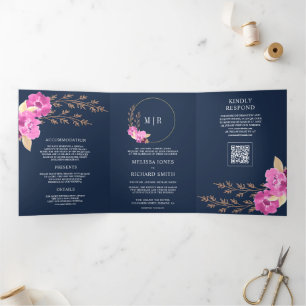 Magenta Pink Orchid Floral QR Code Navy Wedding Tri-Fold Invitation