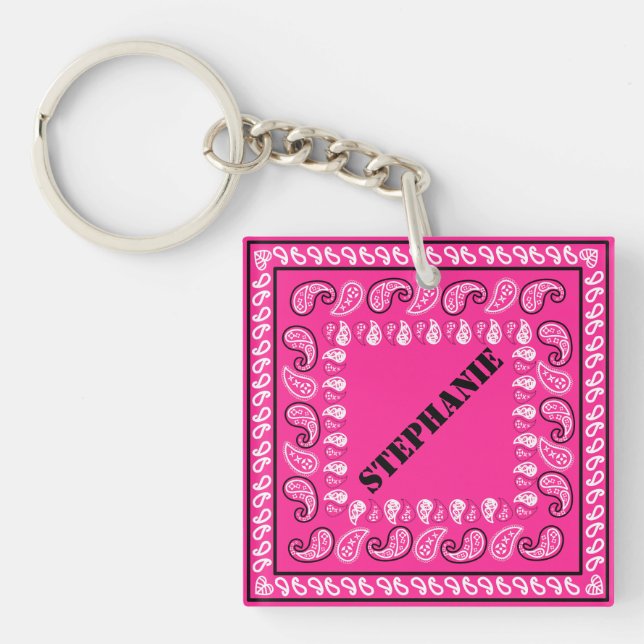 Magenta Pink Paisley Bandanna Personalised Key Ring (Front)