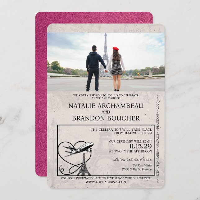 Magenta Pink Paris Passport Wedding Invitation (Front/Back)