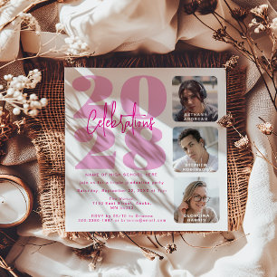 Magenta Pink Photo Triple Graduation Invitation