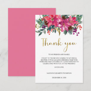 Magenta Pink Poinsettia Christmas Bridal Shower Thank You Card