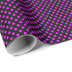 Magenta Pink Polka Dots on Black Wrapping Paper
