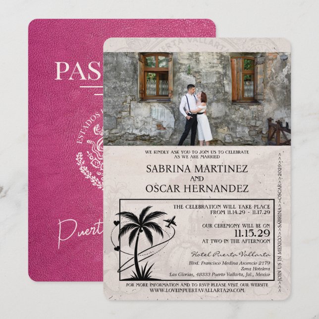 Magenta Pink Puerta Vallarta Passport Wedding Invitation (Front/Back)