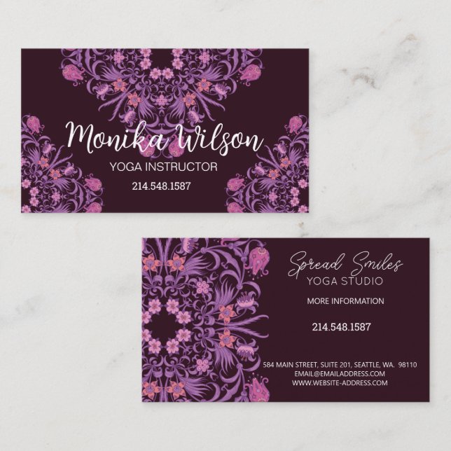Magenta pink purple artistic mandala business card (Front/Back)