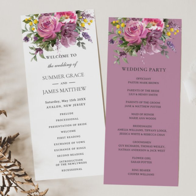 Magenta Pink Purple Floral Greenery Boho Wedding Programme (Creator Uploaded)