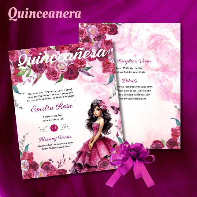 Magenta Pink Quinceanera Dress Floral Butterflies (Creator Uploaded)