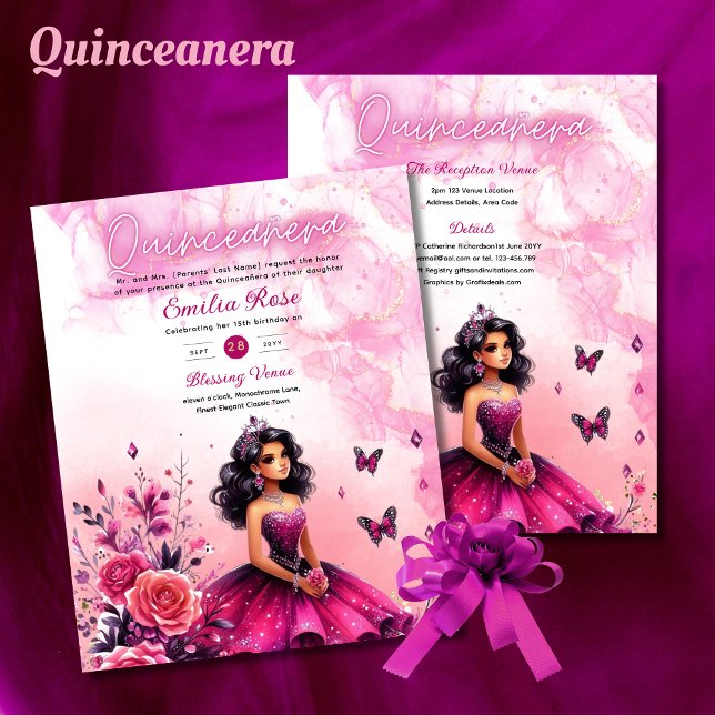 Magenta Pink Quinceanera Dress Floral Butterflies (Creator Uploaded)