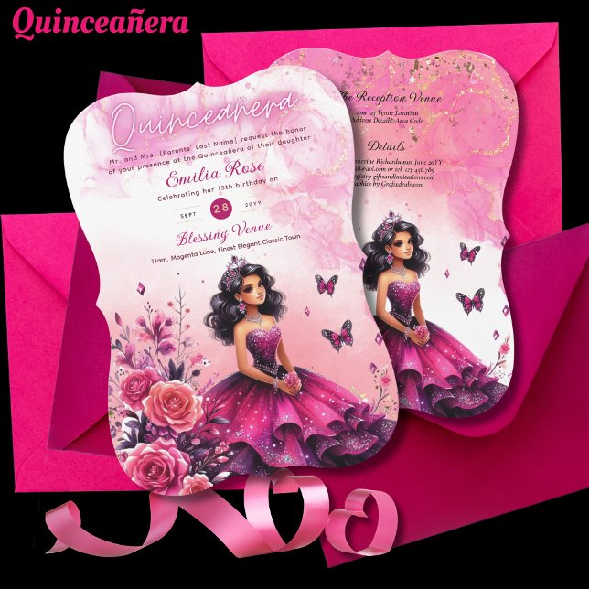 Magenta Pink Quinceanera Dress Floral Butterflies Invitation (Creator Uploaded)