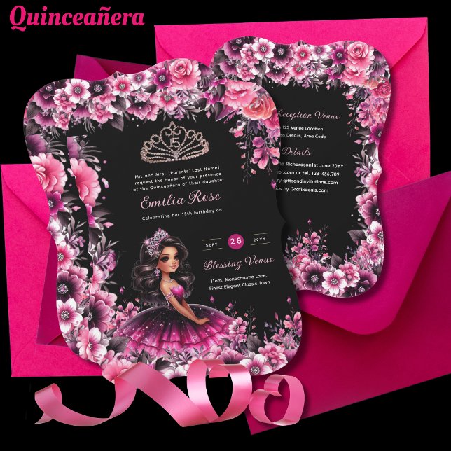 Magenta Pink Quinceanera Dress Floral Invitation (Creator Uploaded)