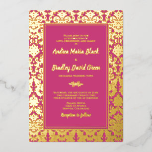 Magenta Pink Real Gold Foil Damask Wedding