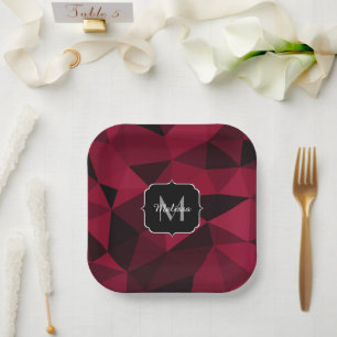 Magenta pink red black geometry pattern Monogram Paper Plate