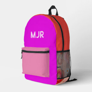 Magenta Pink Red Colour Block Floral Monogram Printed Backpack