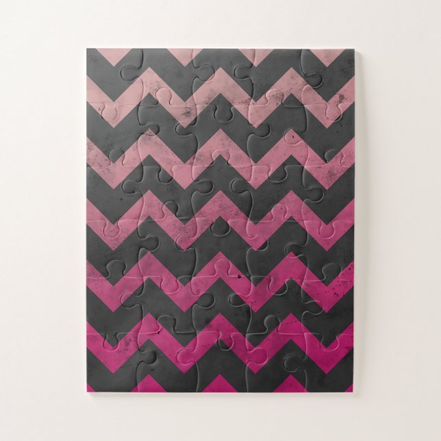Magenta pink red ombre dark grey chevron pattern jigsaw puzzle (Vertical)