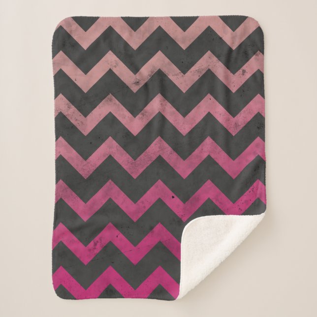 Magenta pink red ombre dark grey chevron pattern sherpa blanket (Front)