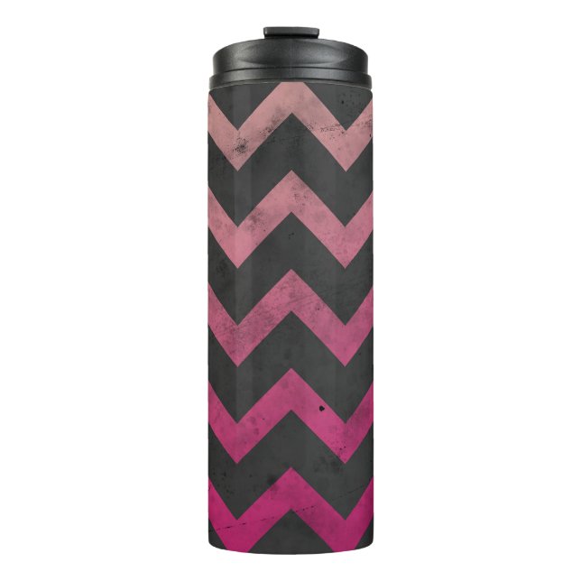 Magenta pink red ombre dark grey chevron pattern thermal tumbler (Front)