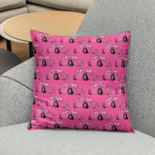Magenta Pink Retro Classic Car Pattern Cushion
