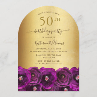 Magenta Pink Rose Floral Gold 50th Birthday Party Invitation