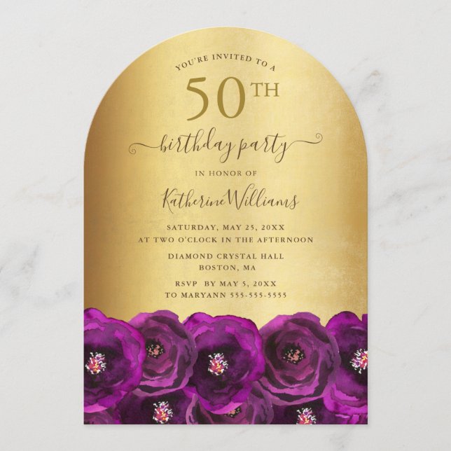 Magenta Pink Rose Floral Gold 50th Birthday Party Invitation (Front)
