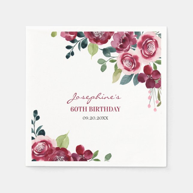 Magenta Pink Rose Floral Greenery Birthday Napkin (Front)