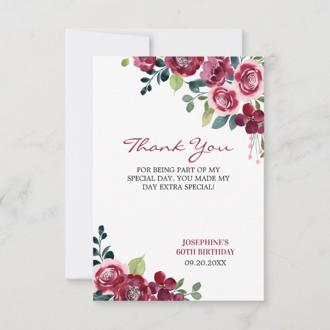 Magenta Pink Rose Floral Greenery Birthday Thank You Card (Front)