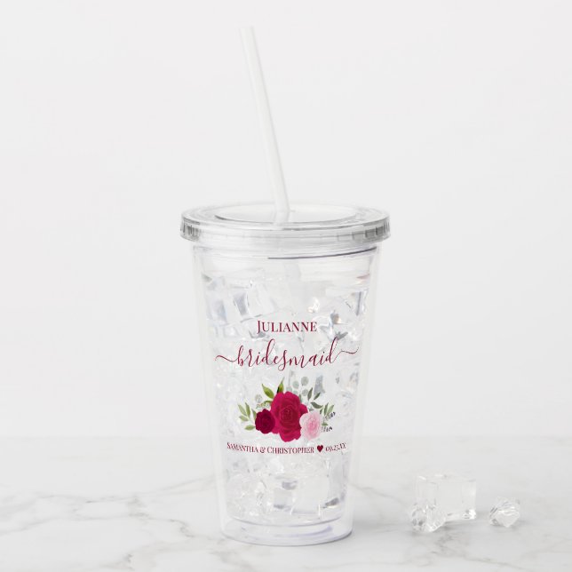 Magenta Pink Roses Elegant Bridesmaid Wedding Acrylic Tumbler (Front Ice)