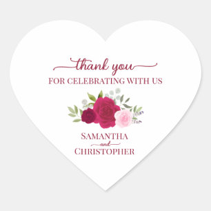Magenta Pink Roses Elegant Wedding Thank You Heart Sticker