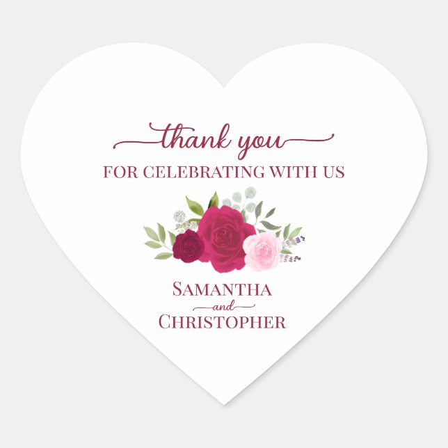 Magenta Pink Roses Elegant Wedding Thank You Heart Sticker (Front)