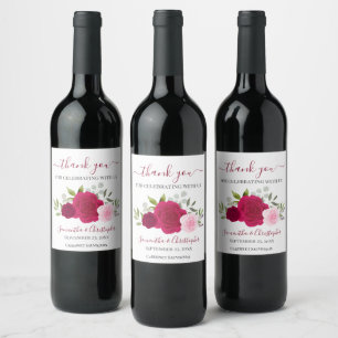 Magenta & Pink Roses Elegant Wedding Thank You Wine Label