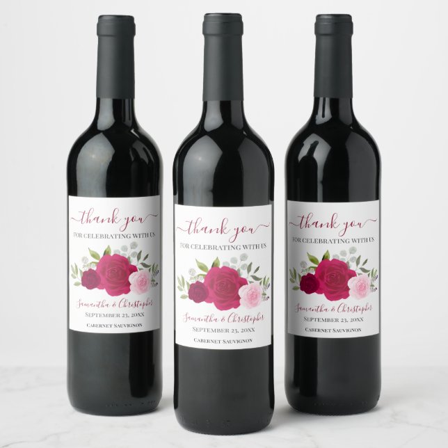 Magenta & Pink Roses Elegant Wedding Thank You Wine Label (Bottles)