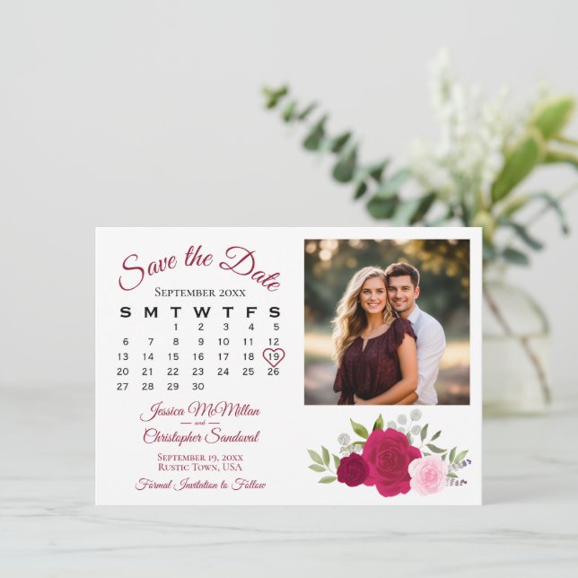 Magenta & Pink Roses Wedding Calendar & Photo Save The Date (Standing Front)