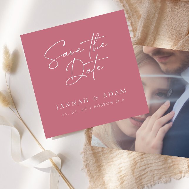 Magenta Pink Script Typography Photo Wedding Save The Date (Creator Uploaded)