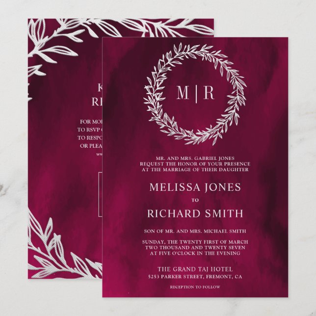 Magenta Pink Silver Leaf Branch QR Code Wedding Invitation (Front/Back)