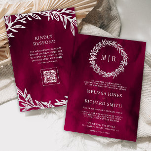 Magenta Pink Silver Leaf Branch QR Code Wedding Invitation