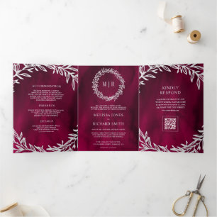 Magenta Pink Silver Leaf Branch QR Code Wedding Tri-Fold Invitation