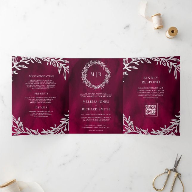 Magenta Pink Silver Leaf Branch QR Code Wedding Tri-Fold Invitation (Inside)