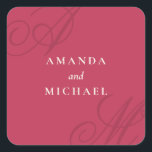 Magenta Pink Simple Elegant Monogram Wedding Square Sticker<br><div class="desc">A simple modern minimalist design with an elegant edge, this unique sticker design features beautiful calligraphy script monograms of the bride and groom on alternate corners. The bride and groom's names are centred with a clean classic look on a vibrant magenta pink background with ivory text. Replace the sample text...</div>