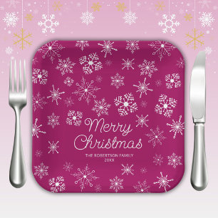 Magenta Pink Snowflakes Christmas Party Paper Plate