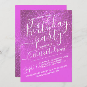 Magenta Pink Sparkly Glitter Ombre Birthday Invitation