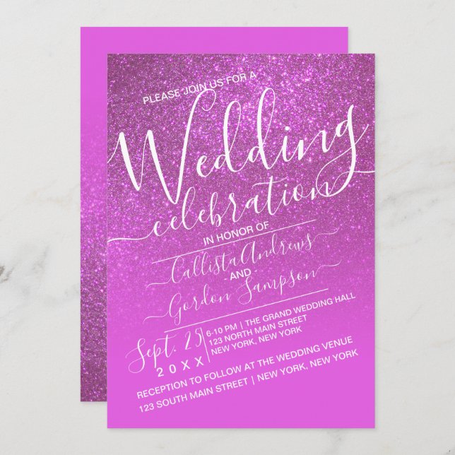 Magenta Pink Sparkly Glitter Ombre Wedding Invitation (Front/Back)
