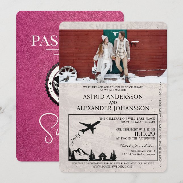 Magenta Pink Sweden Passport Wedding Invitation (Front/Back)
