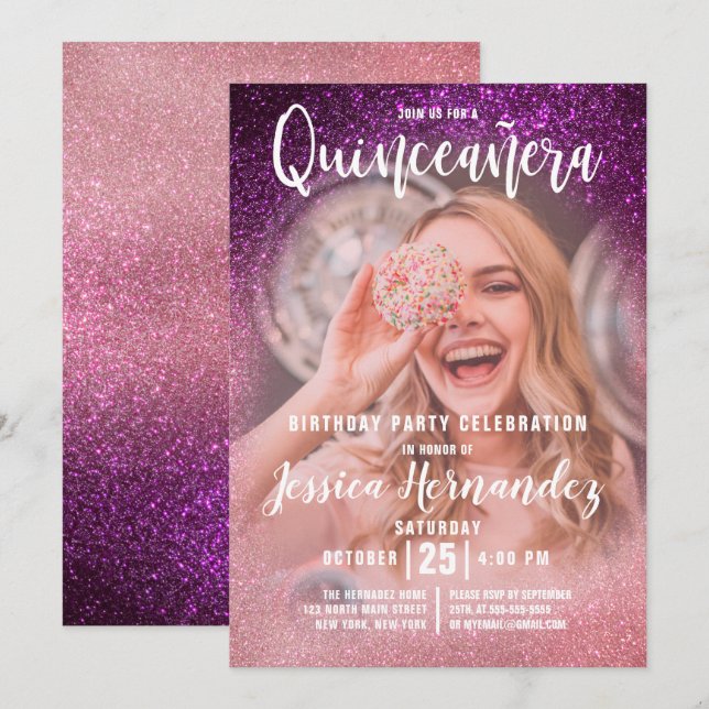 Magenta Pink Triple Glitter Photo Quinceañera Invitation (Front/Back)